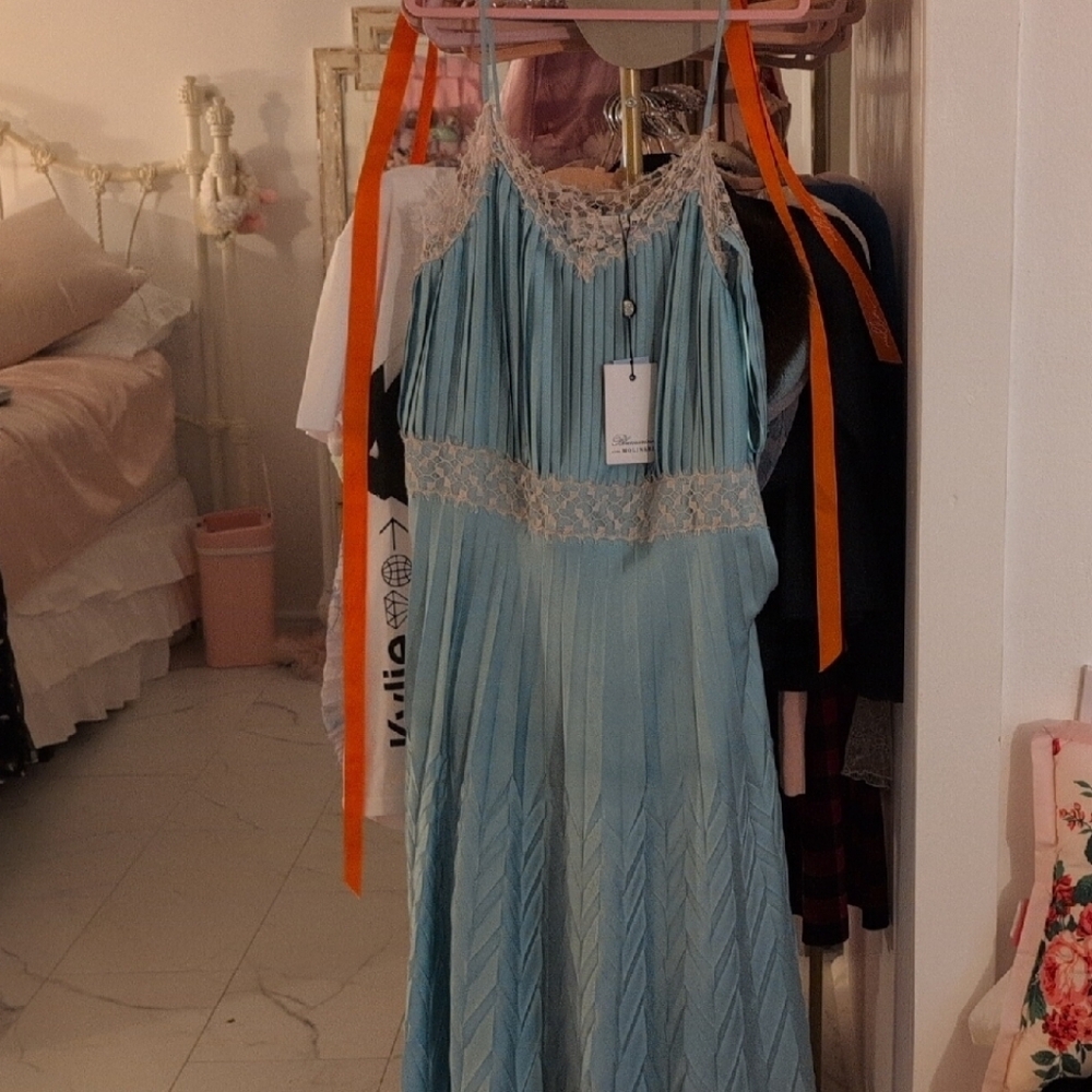 Blumarine Blue Pleated Maxi Gown Scoop Neck